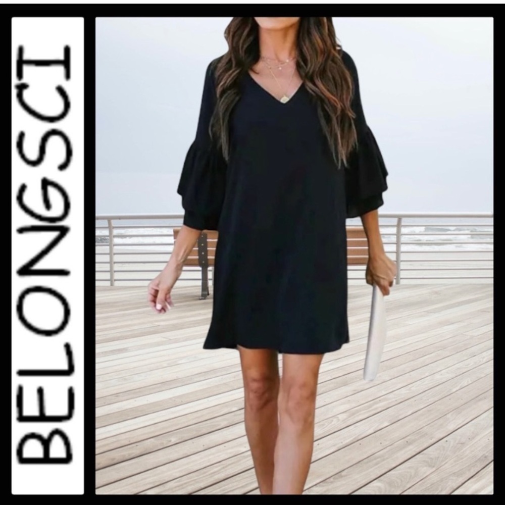 Belongsci Black Holiday Dress bell sleeves size S